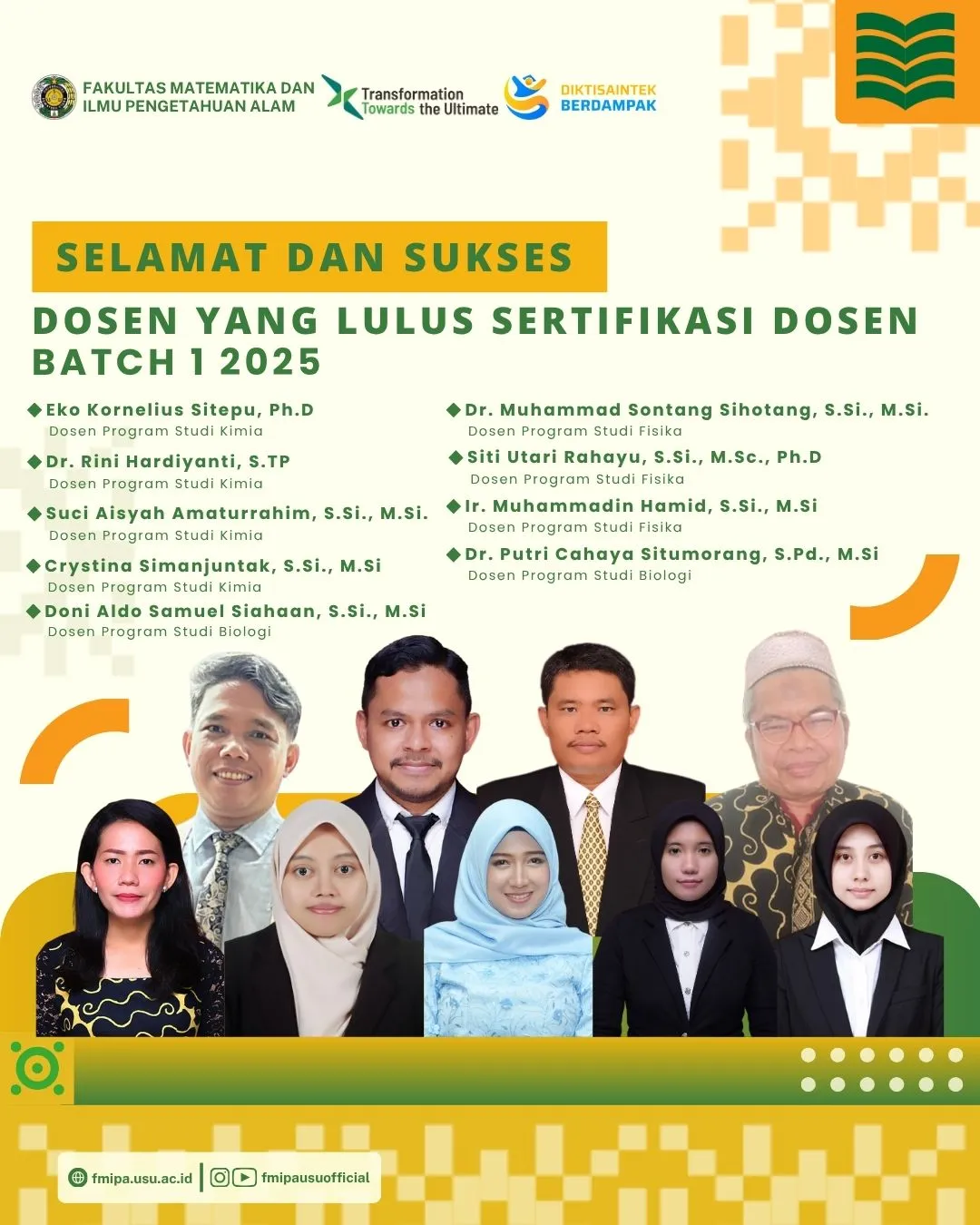 Selamat atas Lulusnya 9 Dosen FMIPA USU pada Sertifikasi Dosen Batch 1 2025